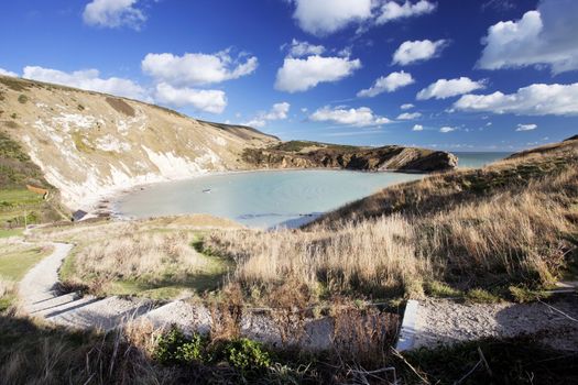 Idyllic Lulworth Cove famous UK landmark coastline