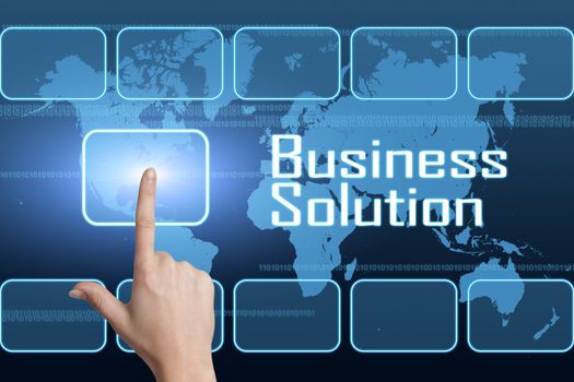 Business Solution concept with interface and world map on blue background