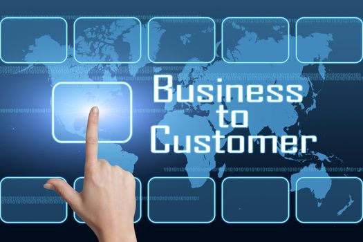 Business to Customer concept with interface and world map on blue background