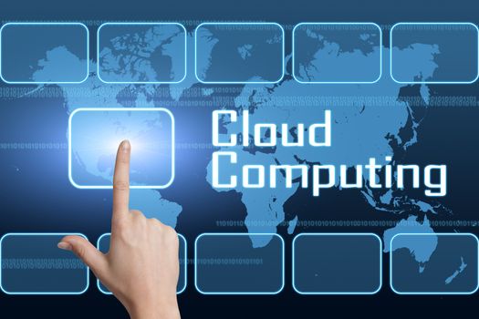 Cloud Computing concept with interface and world map on blue background