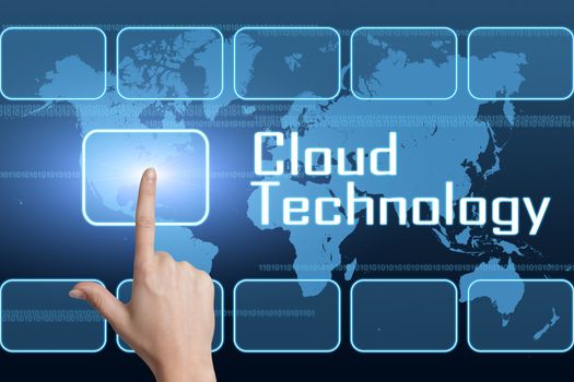 Cloud Technology concept with interface and world map on blue background