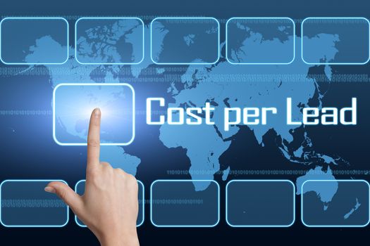 Cost per Lead concept with interface and world map on blue background