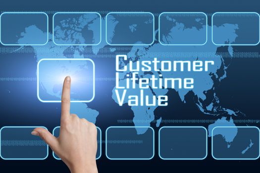 Customer Lifetime Value concept with interface and world map on blue background