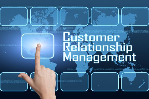 Customer Relationship Management concept with interface and world map on blue background