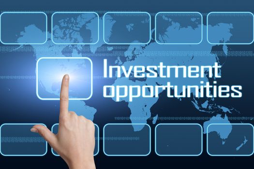 Investment opportunities concept with interface and world map on blue background