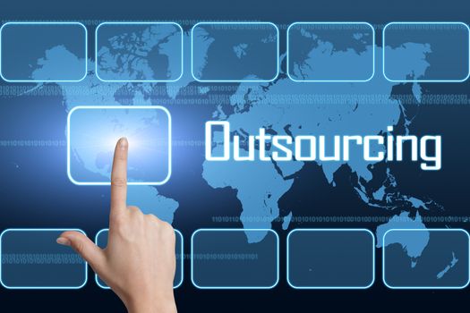 Outsourcing concept with interface and world map on blue background