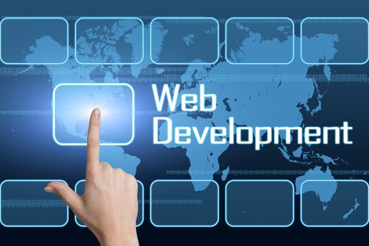 Web Development concept with interface and world map on blue background