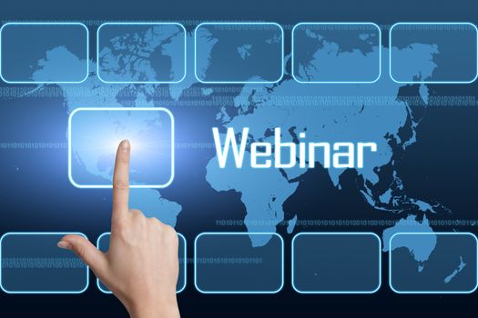 Webinar concept with interface and world map on blue background
