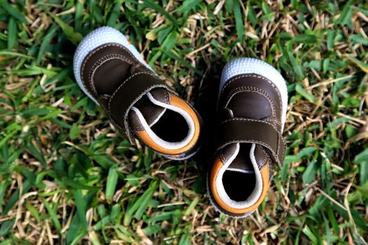 Baby autumn shoes on the green grass
