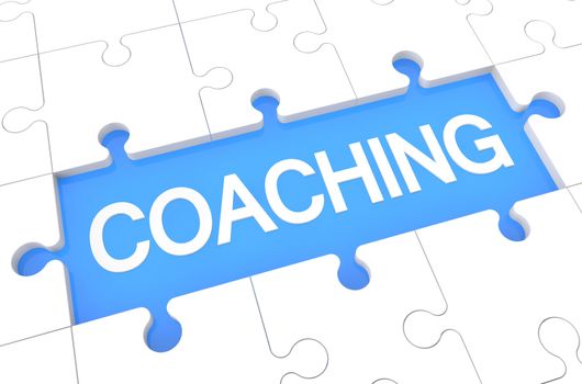 Coaching - puzzle 3d render illustration with word on blue background