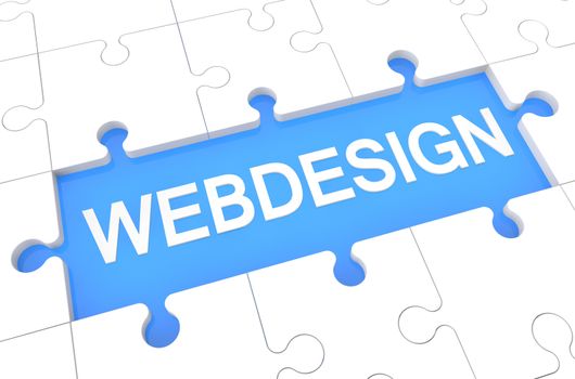 Webdesign - puzzle 3d render illustration with word on blue background