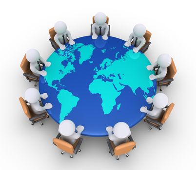 3d businessmen sitting on armchairs and a round table with the world map