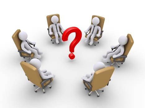 3d businessmen sitting on armchairs and a question mark in the middle