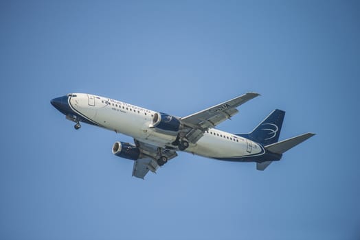 Blue panorama airlines, Boeing 737-4k5, Italy. The pictures of the planes are shot very close an airport just before landing. September 2013.