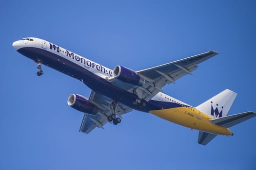 G-monk Monarch airlines Boeing 757-2T7, British. The pictures of the planes are shot very close an airport just before landing. September 2013.