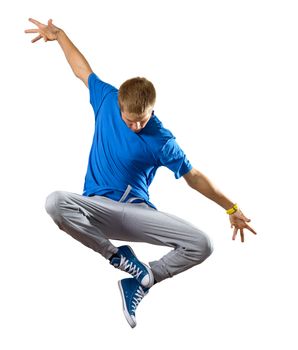 Young man dancer jumping isolated on white