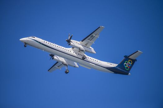 Olympic air de Havilland Canada Dhc-8-402q Sx-Obd, Greece. The pictures of the planes are shot very close an airport just before landing. September 2013.