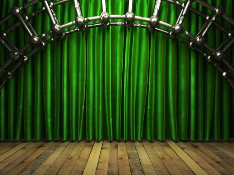 green fabrick curtain on stage