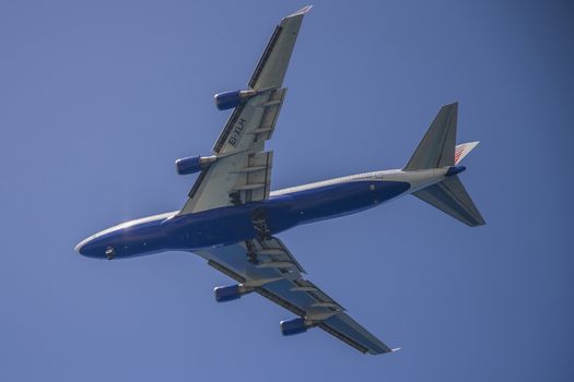 Transaero airlines, Russian, Boeing 747. The pictures of the planes are shot very close an airport just before landing. September 2013.