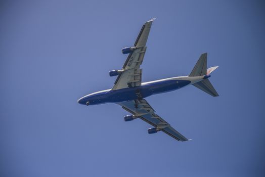 Transaero airlines, Russian, Boeing 747. The pictures of the planes are shot very close an airport just before landing. September 2013.