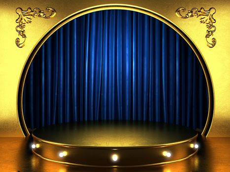 blue fabric curtain with gold on stage