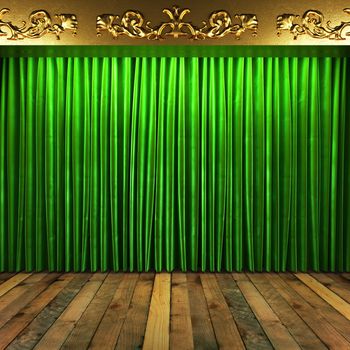 green fabric curtain with gold on stage