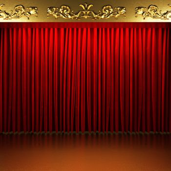 red fabric curtain with gold on stage