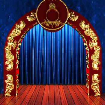blue fabric curtain with gold on stage