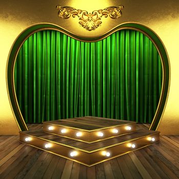 green fabric curtain with gold on stage