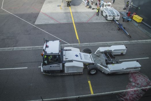 Truck tractors at the airport. Image is shot at Moss Airport Rygge, Norway. September 2013.