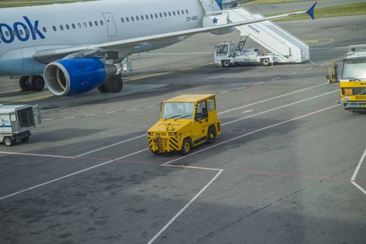 Truck tractors at the airport. Image is shot at Moss Airport Rygge, Norway. September 2013.