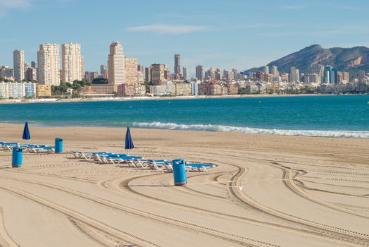 Benidorm beach against the background of the town skyline