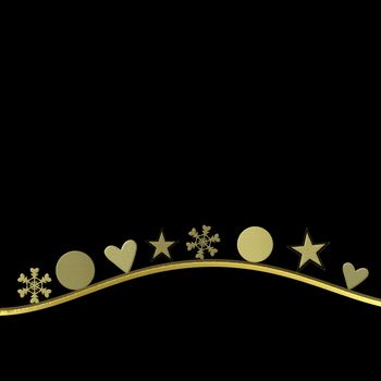 elegant and simple christmas card, gold ornaments on black background with empty space for write message