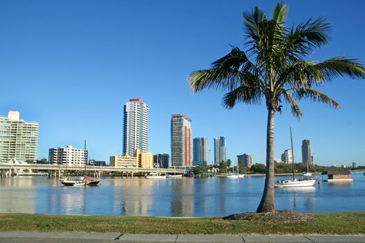 Southport on the Gold Coast Australia seen across the Nerang River from Main Beach.