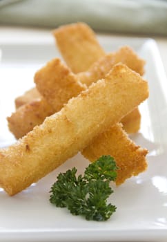 Crispy fried bread strips with parsley ready to serve.