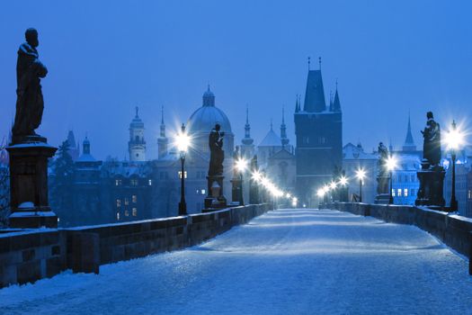 Czech Republic Prague - Charles Bridge and spires of the Old Town at dawn