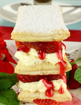 Delicious strawberry mille feuille with fresh strawberries ready to serve.