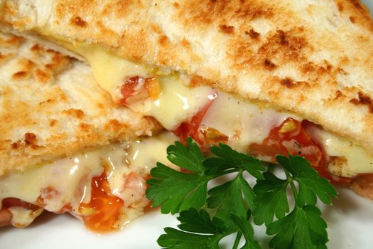 Delicious toasted sandwiches with tomato and melted cheese.