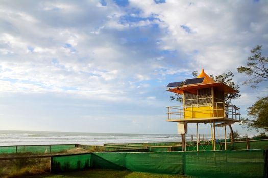 Lifeguard tower at Surfers Paradise beach on the Gold Coast Australia at sunrise.