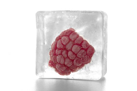 raspberry in a ice cube isolated with white background 