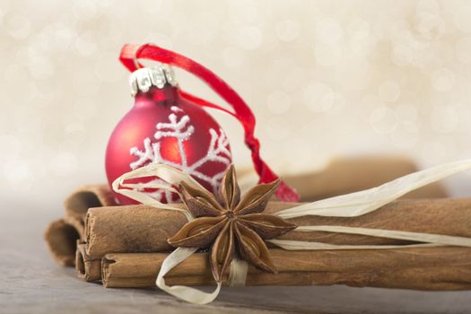 christmas, decoration with red christmas bauble and white pattern 