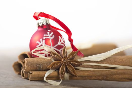 christmas, decoration with red christmas bauble and white pattern 