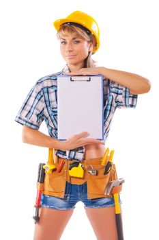 construction female worker showing clipboard