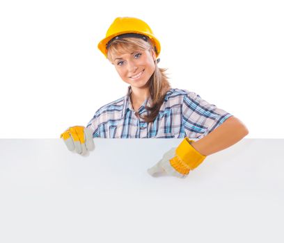 construction female worker with white plackard
