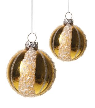 golden christmas balls with white pattern isolated hanging with white background 