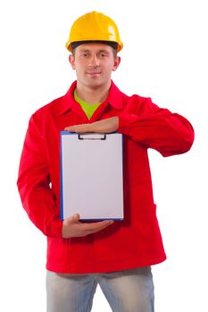 Engineer showing a clipboard with a blank sheet of paper. isolated on white