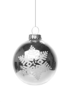 silver christmas bauble with white pattern, star isolated hanging with white background 