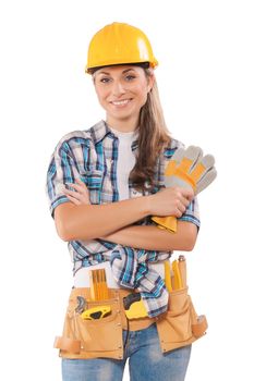 deautiful female worker isolated on white