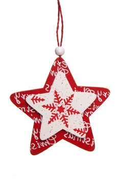 red christmas star with white pattern on white background 