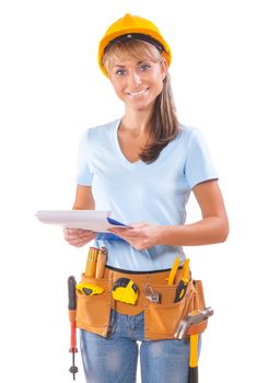 Female Worker With Clipboard On White Background
